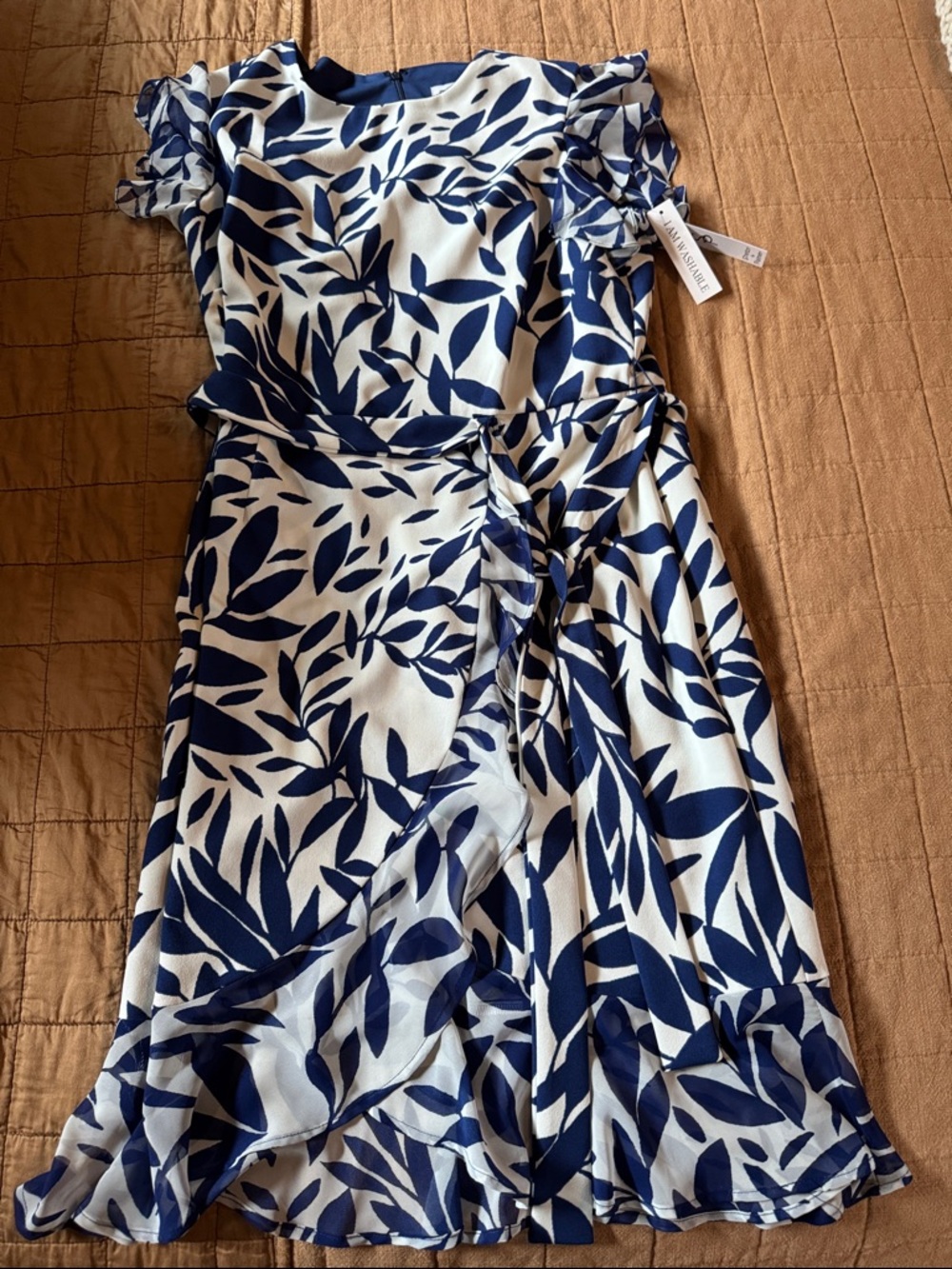 Navy and White Leaf Print Ruffle Wrap Dress